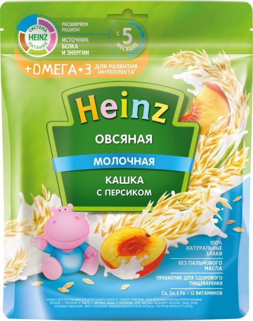 Heinz  каша молочная "Овсяная с персиком и омегой3" (200 г.) целофан. упак. с 5 мес { 05075 }