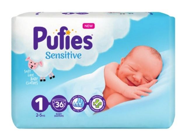 PUFIES 1   SENSITIVE  Newborn  2-5  кг ( 36 шт ) подгузники, Болгария { 35500 } 