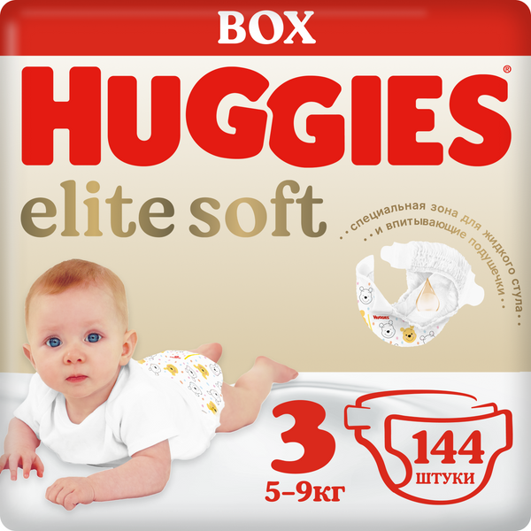Huggies Elite Soft  3    5-9 кг (144 шт)  подгузники  Карт. коробка, Россия   { 49705 }  