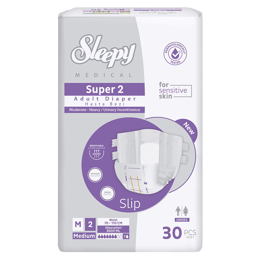SLEEPY Super 2 Medium ( 7*, 30 шт.) Подгузники для взрослых впитывающие ( 70-110 см), Турция { 21479 } - фото1 SLEEPY Super 2 Medium ( 7*, 30 шт.) Подгузники для взрослых впитывающие ( 70-110 см), Турция { 21479 } - фото1