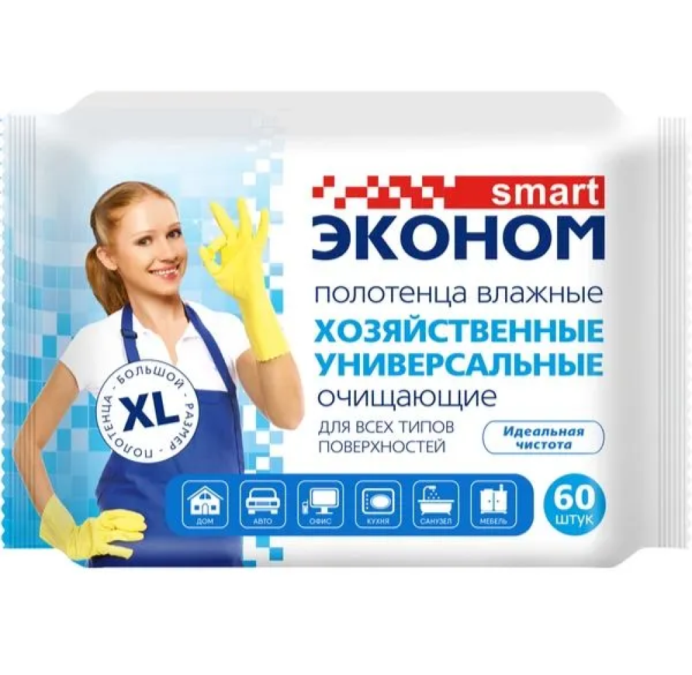 Влажные полотенца ЭКОНОМ Smart Хозяйственные универсальные  (60 шт ), Россия   { 02314 } - фото2