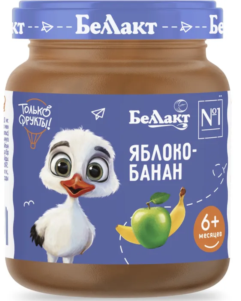 БЕЛЛАКТ пюре из яблок и банана 100г,   б/с  с 6 мес. ( 00232 )    ДО 01.04.26. - фото1