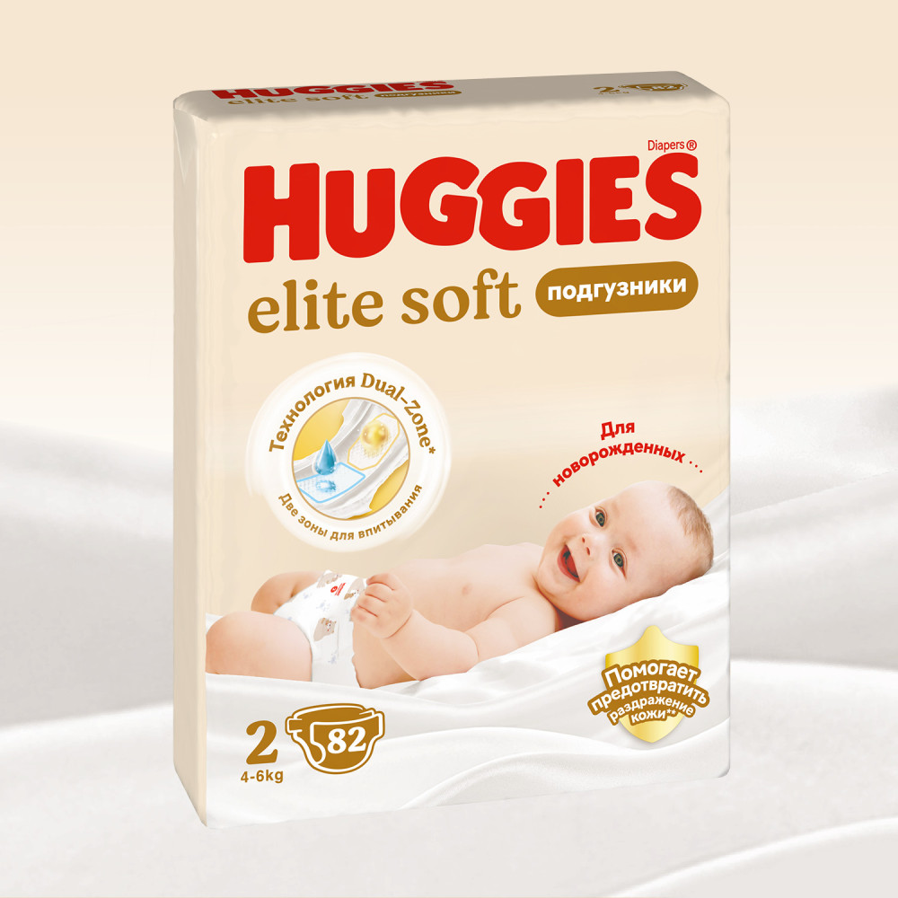 HUGGIES Elite Soft 2 4-6 кг (82 шт) подгузники, Россия { 47985 }  - фото1