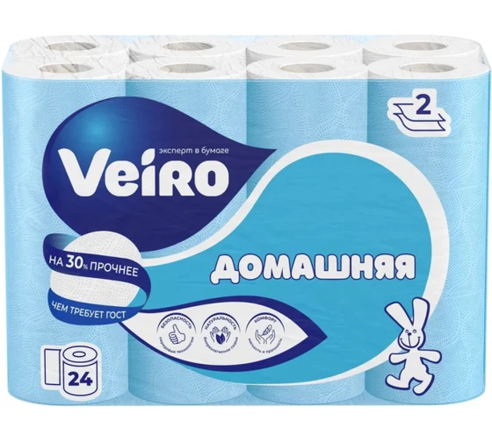 Бумага туалетная VEIRO ДОМАШНЯЯ 2-х сл. 24 шт. Россия { 34856 } - фото1