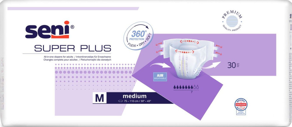 SUPER SENI 2 PLUS Medium (7*,30 шт) Подгузники впитывающие для взрослых (75-110 см), Польша { 03582 }  - фото1