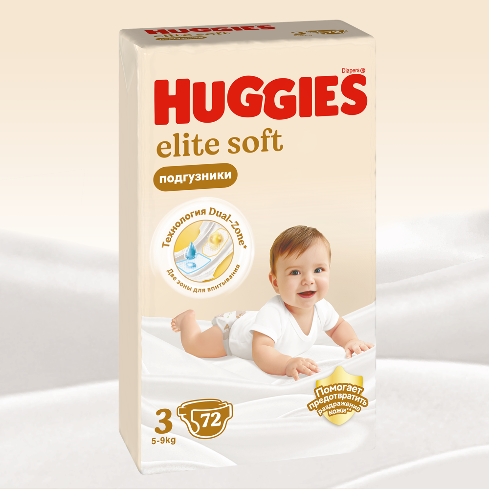 Huggies Elite Soft 3 5-9 кг ( 72 шт) подгузники, Россия { 49682 }  - фото1