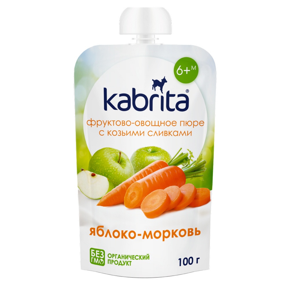 Kabrita "Яблоко-Морковь" пюре с козьими сливками 100 г с 6 мес, Эстония { 07168 }   