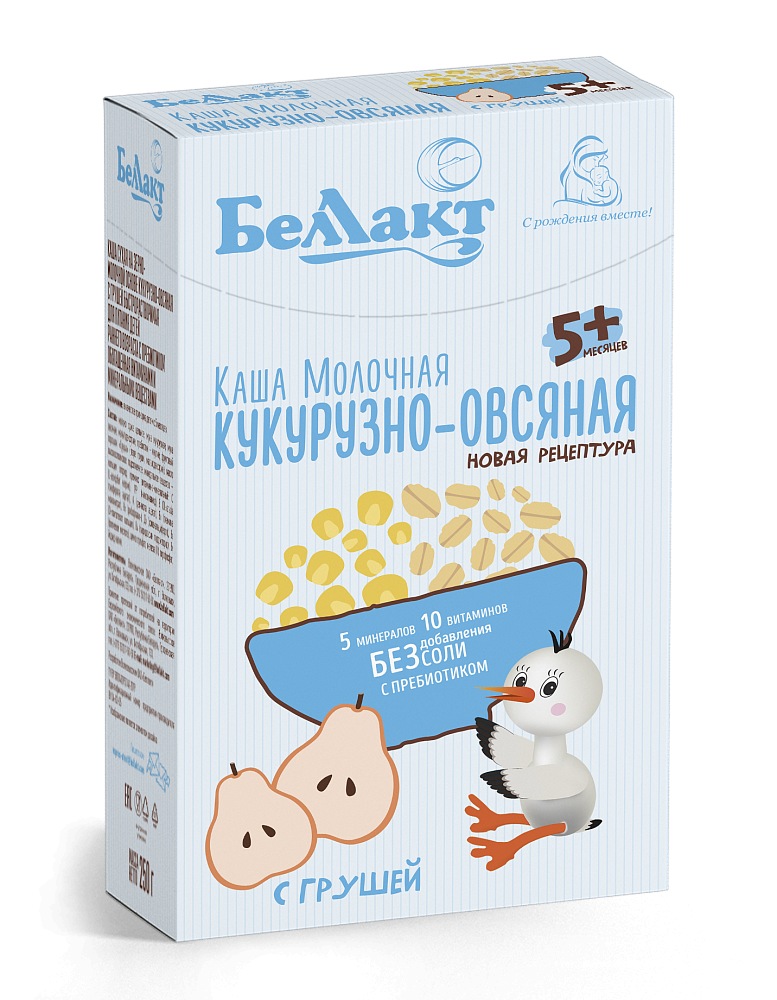 БЕЛЛАКТ каша молочн. кукурузно-овсяная с грушей  с пребиотиком 250 гр , с 5 мес.  { 35055 } СРОК до 07.12.2025 - фото1